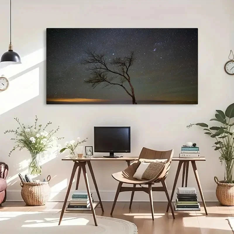 Serene Night Sky & Lone Tree Wall Art Canvas Office Home Room Framed 120x60cm - Bella Home Decor