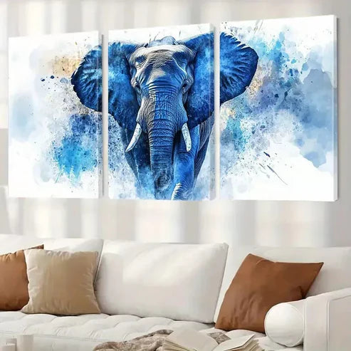 3pcs Majestic Watercolor Textured Blue Elephant Art Set Canvas Unframed - High Quality Print 100% Australian Made Wall Canvas