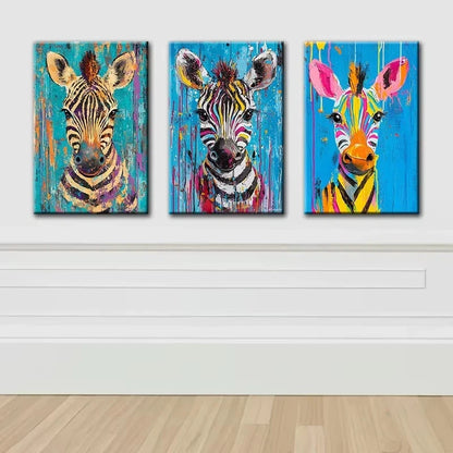 3pcs A vibrant zebra Wall Art Set Canvas Framed 60x90cm - High Quality Print 100% Australian Made Wall Canvas Ready to Hang - Bella Home Decor