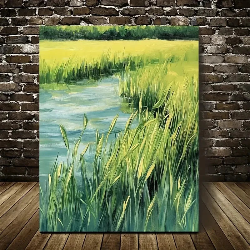 Beautiful Emerald Water Grass Meadow Painting 40x60cm Metal Print Ready to Hang - Bella Home Decor