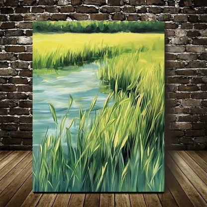 Beautiful Emerald Water Grass Meadow Painting 40x60cm Metal Print Ready to Hang - Bella Home Decor