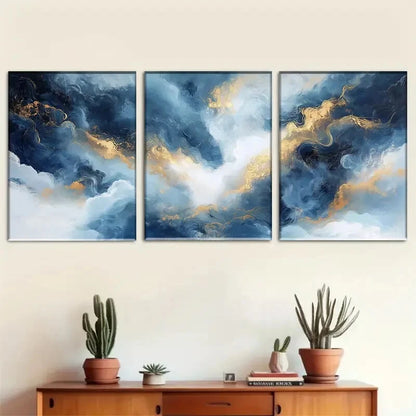 3pcs Blue and Golden Abstract Décor Perfect Wall Art Set Canvas Framed 50x70cm - High Quality Print 100% Australian Made Wall Canvas Ready to Hang - Bella Home Decor