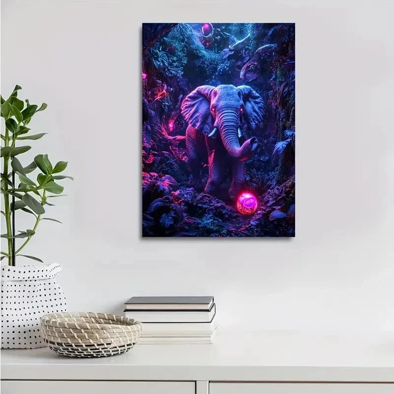 Vibrant Neon Jungle Scene with Glowing Painting 40x60cm Metal Print Ready to Hang - Bella Home Decor