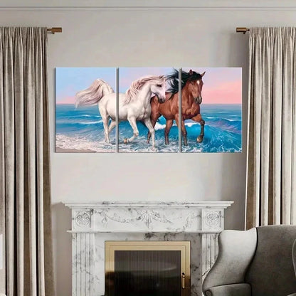 3pcs Seaside Scene with White and Brown Horses Wall Art Set Canvas Framed 60x90cm - High Quality Print 100% Australian Made Wall Canvas Ready to Hang