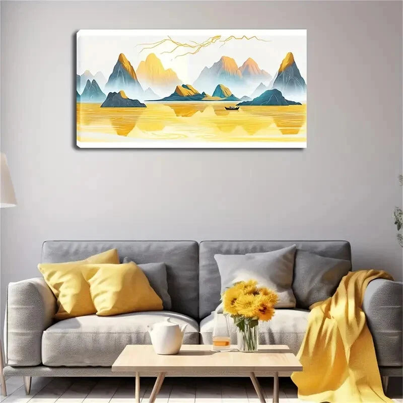 Golden Lake Landscape Modern Wall Art Canvas Office Home Room Framed 120x60cm - Bella Home Decor