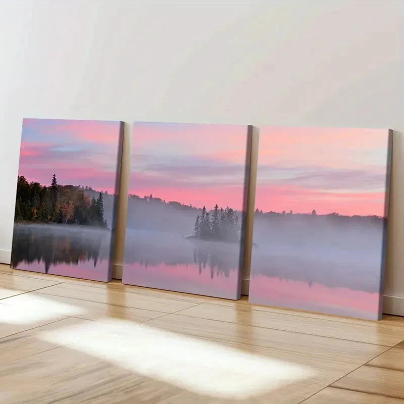 3pcs Lake Misty Forest Pink Sky Sunrise Wall Art Set Canvas Framed 50x70cm - High Quality Print 100% Australian Made Wall Canvas Ready to Hang - Bella Home Decor