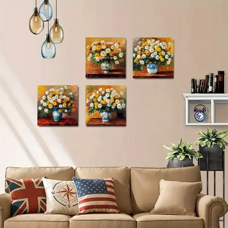 4pcsl Floral Bouquets in Blue & White VasesWall Art Canvas Framed