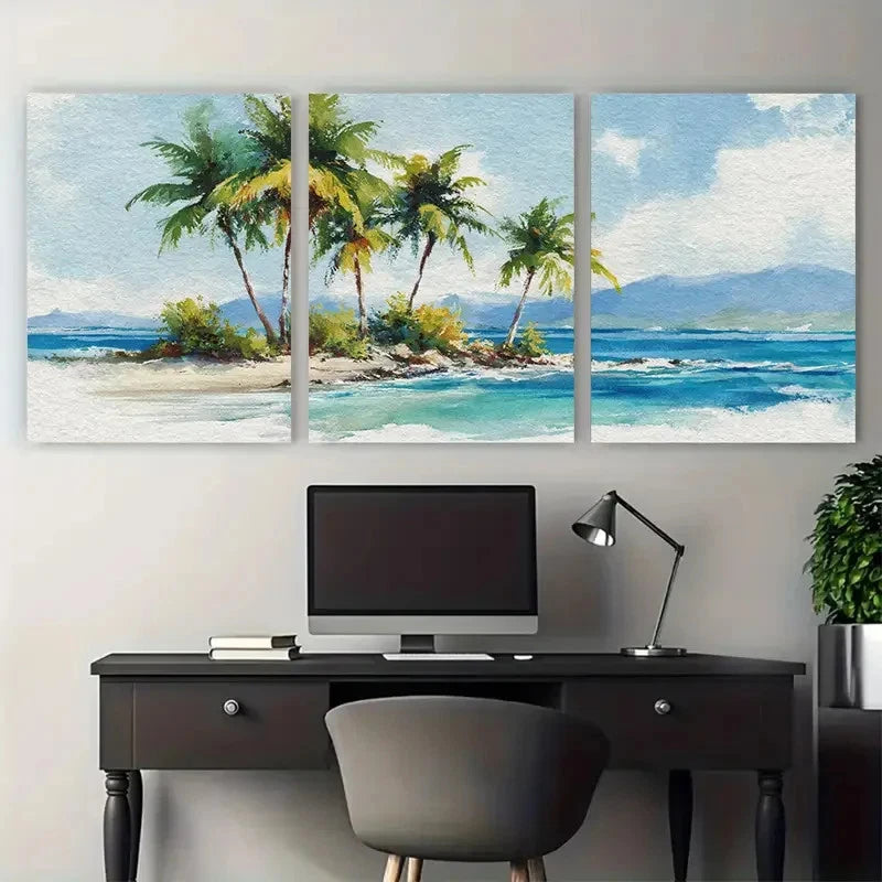 3pcs Palm Trees & Ocean Waves Design Perfect Wall Art Set Canvas Framed 50x70cm - High Quality Print 100% Australian Made Wall Canvas Ready to Hang