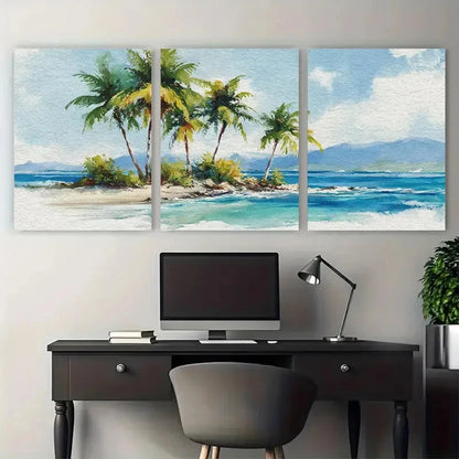 3pcs Palm Trees & Ocean Waves Design Perfect Wall Art Set Canvas Framed 50x70cm - High Quality Print 100% Australian Made Wall Canvas Ready to Hang