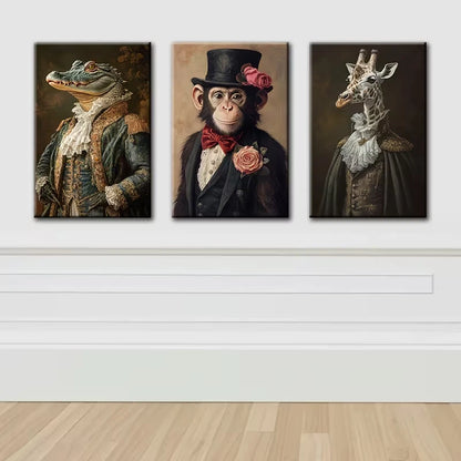 3pcs Animal Portraits in Vintage Attire Wall Art Set Canvas Framed 50x70cm - High Quality Print 100% Australian Made Wall Canvas Ready to Hang - Bella Home Decor