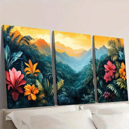 3pcs Bohemian Style Tropical Jungle Abstract Wall Art Set Canvas Framed 60x90cm - High Quality Print 100% Australian Made Wall Canvas Ready to Hang