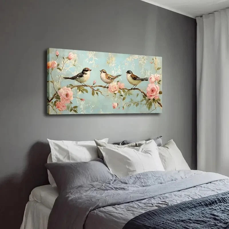 Birds on Pink Flower Branches Wall Art Canvas Office Home Room Framed 120x60cm - Bella Home Decor