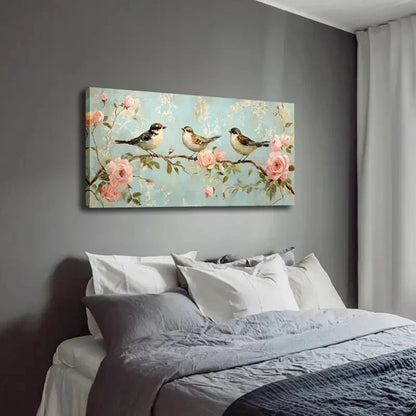 Birds on Pink Flower Branches Wall Art Canvas Office Home Room Framed 120x60cm - Bella Home Decor