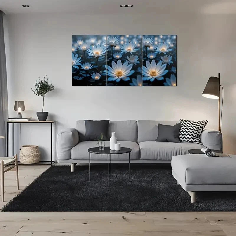 3pcs Blue Daisy Flower Modern Metal Print Ready to Hang Art - Bella Home Decor