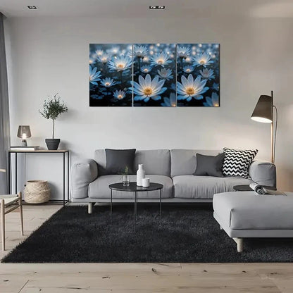 3pcs Blue Daisy Flower Modern Metal Print Ready to Hang Art - Bella Home Decor