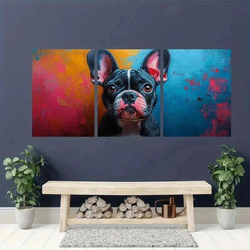 3pcs Abstract Bulldog Pink Blue Splash Dog Wall Art Set Canvas Framed 60x90cm - High Quality Print 100% Australian Made Wall Canvas Ready to Hang - Bella Home Decor