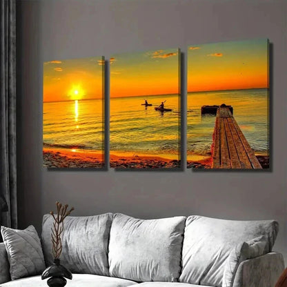 3pcs Sunset Beach Fishing Boats Ocean Vibrant Wall Art Set Canvas Framed 50x70cm - High Quality Print 100% Australian Made Wall Canvas Ready to Hang