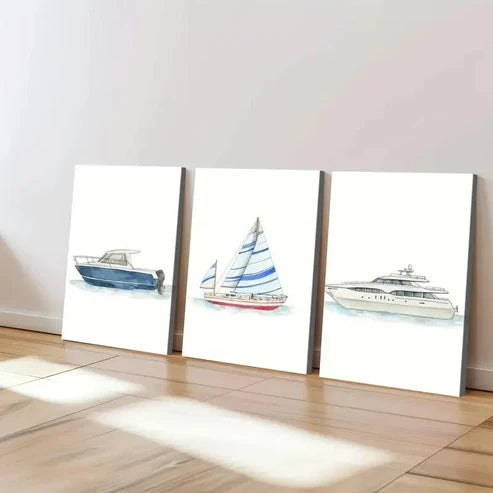 3pcs Ship Transportation Bars Designs Blue White  Wall Art Set Canvas Unframed - High Quality Print 100% Australian Made Wall Canvas