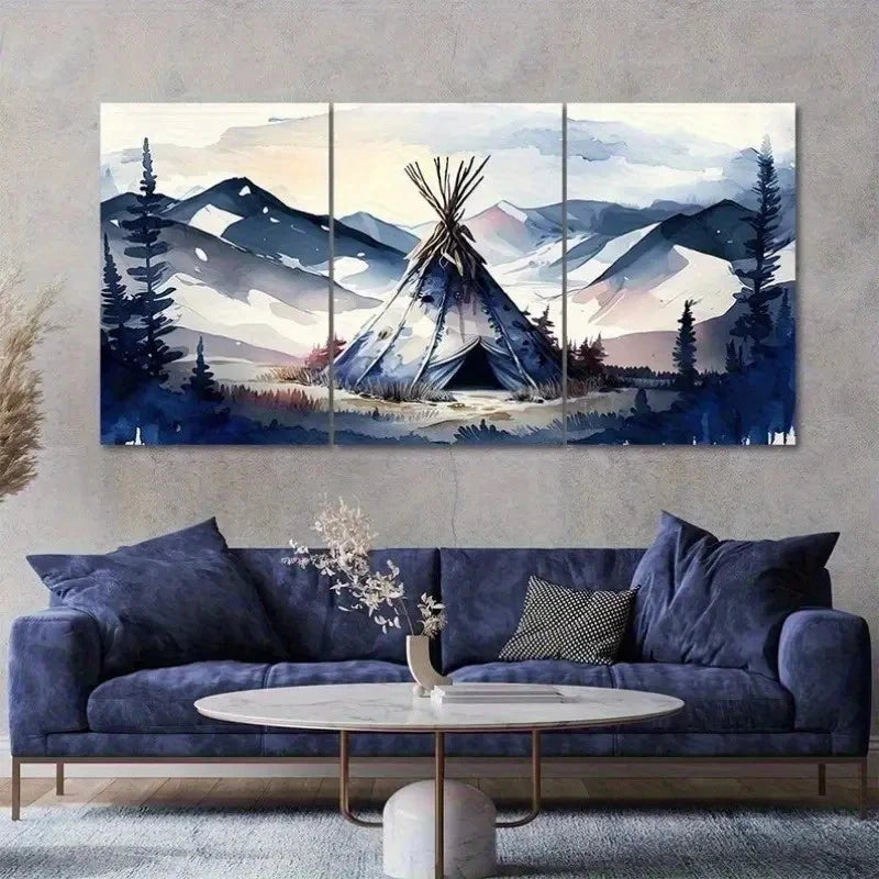 3pcs Vibrant Native American Tipi & Mountain Wall Art Canvas  Framed 60x90cm - High Quality Print 100% Australian Made Wall Canvas Ready to Hang - Bella Home Decor
