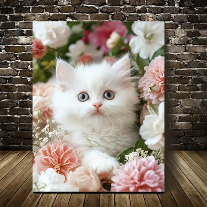 Cute Persian Kitten with Flowers & Plants Painting 40x60cm Metal Print Ready to Hang - Bella Home Decor