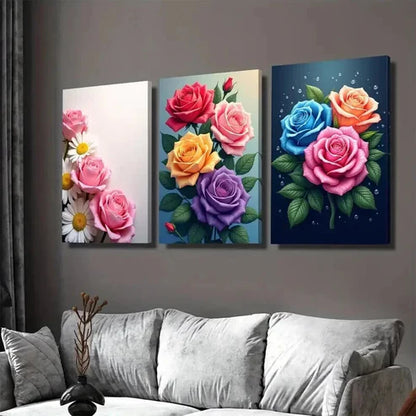 3pcs Colorful Rose and Daisy Beautiful Floral Wall Art Set Canvas Unframed - High Quality Print 100% Australian Made Wall Canvas - Bella Home Decor