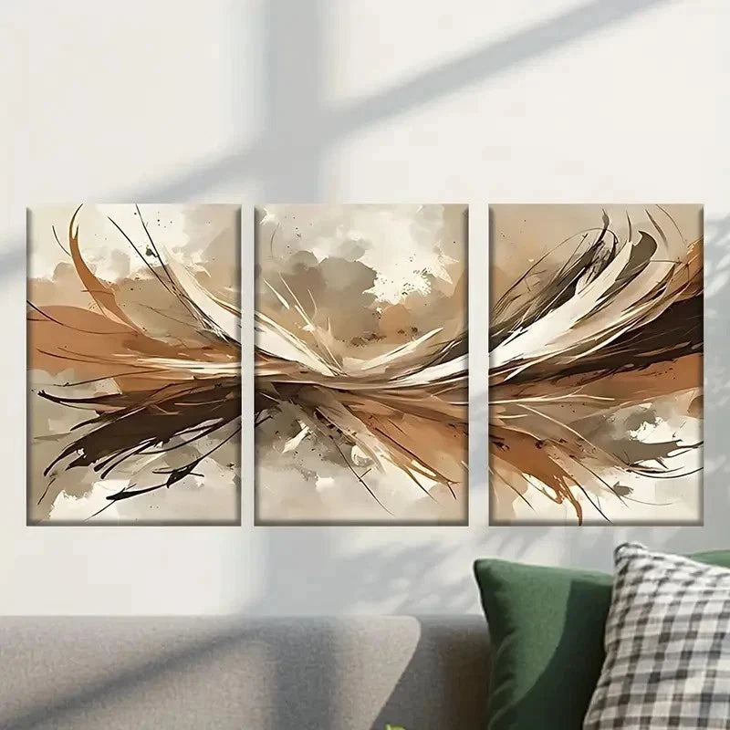 3pcs Beige & Brown Bird with Feathers Wall Art Set Canvas Framed 50x70cm - High Quality Print 100% Australian Made Wall Canvas Ready to Hang - Bella Home Decor