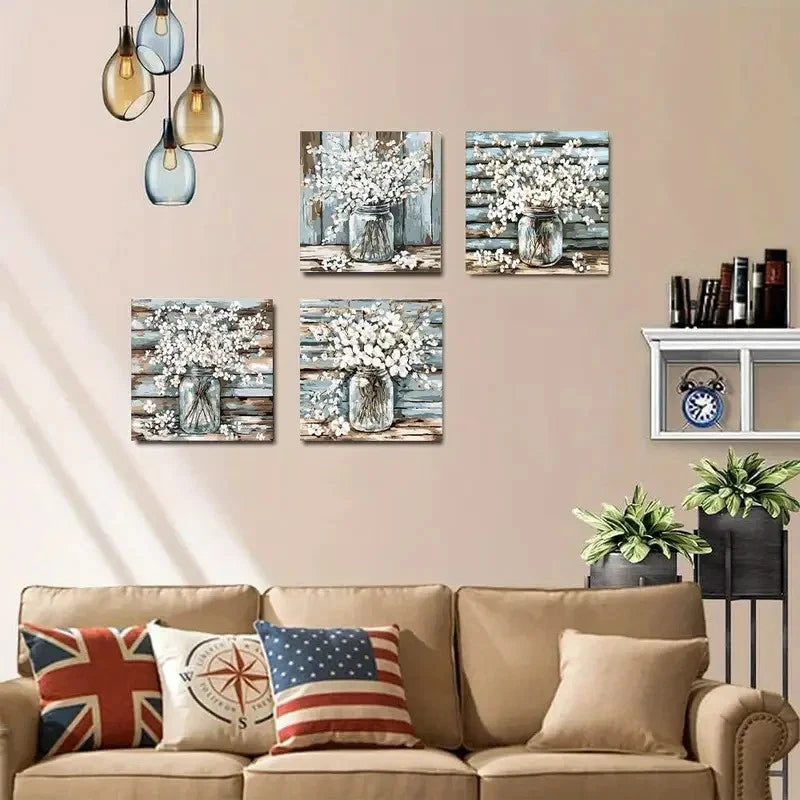 4pcs Flower Paintings Wall Art Canvas Framed