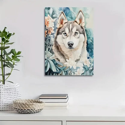 Beautiful Cute Siberian Husky with Flowers Painting 40x60cm Metal Print Ready to Hang - Bella Home Decor