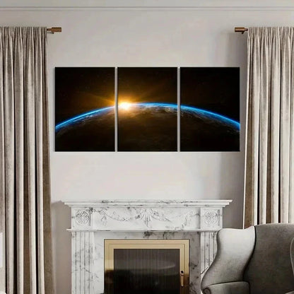 3pcs Sunrise Planet Earth from Outer Space Wall Art Set Canvas Framed 50x70cm - High Quality Print 100% Australian Made Wall Canvas Ready to Hang
