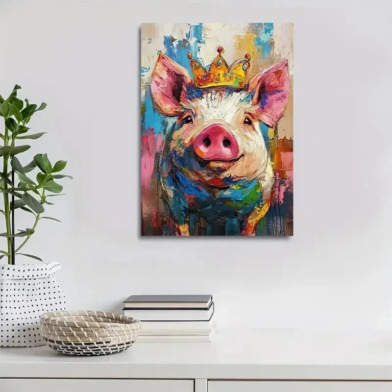 Whimsical Crown Pig Vibrant Abstract Painting 40x60cm Metal Print Ready to Hang - Bella Home Decor
