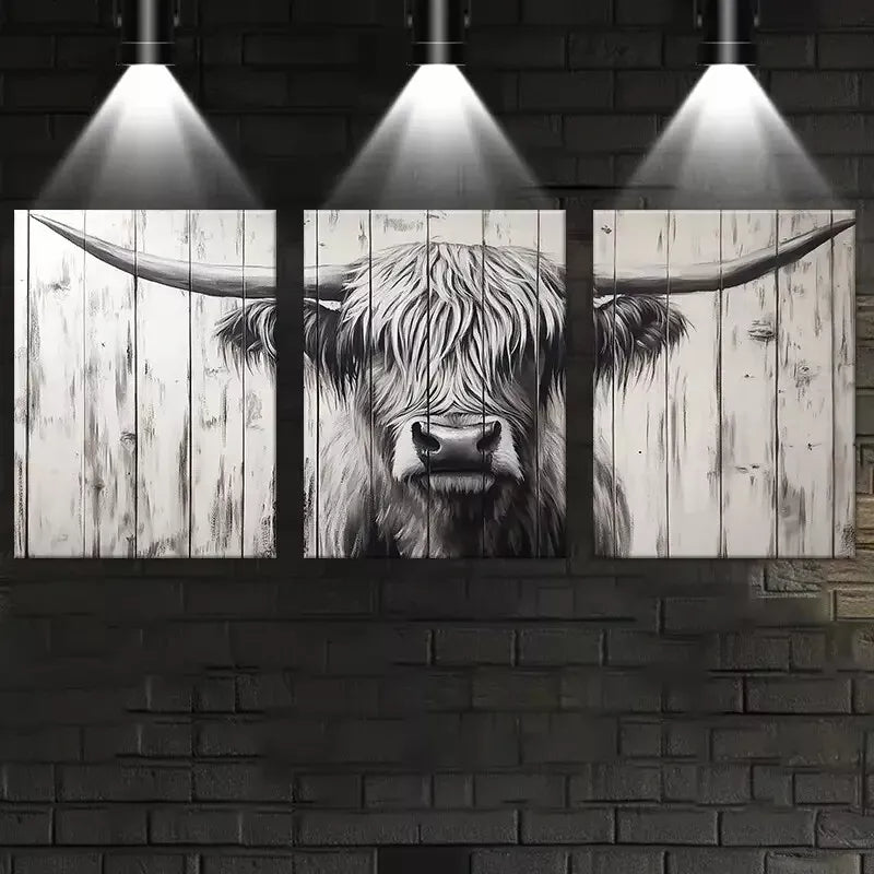 3pcs Friendly Vintage Style Highland Cattle Wall Art Set Canvas Framed 50x70cm - High Quality Print 100% Australian Made Wall Canvas Ready to Hang
