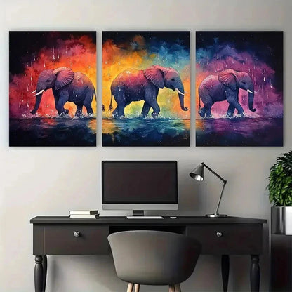 3pcs Vibrant Elephant Watercolor Perfect Wall Art Set Canvas Framed 50x70cm - High Quality Print 100% Australian Made Wall Canvas Ready to Hang