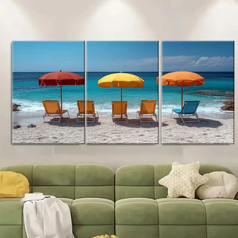 3pcs Minimalist Beach Chair Parasol Metal Print Ready to Hang Art