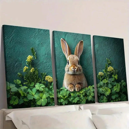 3pcs Bunny & Shamrock Green Clover and Rabbit Wall Art Set Canvas Framed 60x90cm - High Quality Print 100% Australian Made Wall Canvas Ready to Hang - Bella Home Decor