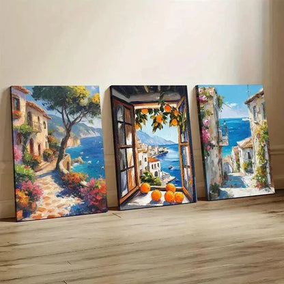 3pcs Mediterranean Orange Windows Wall Art Canvas Unframed – High Quality Print 100% Australian Made Wall Canvas