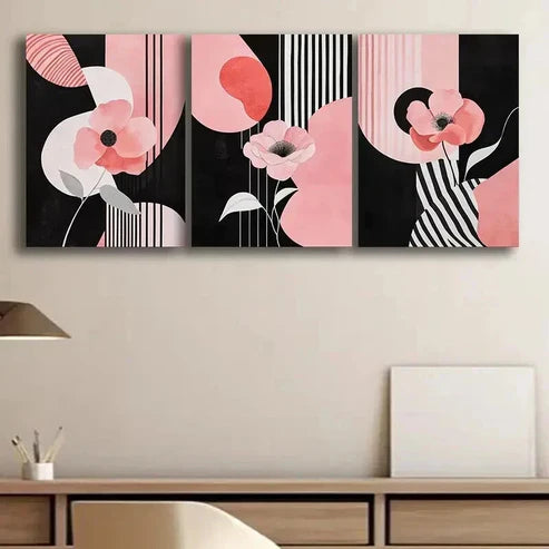 3pcs Pink Flowers & Black White Shapes Wall Art Canvas Unframed - High Quality Print 100% Australian Made Wall Canvas