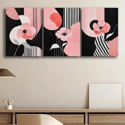 3pcs Pink Flowers & Black White Shapes Wall Art Canvas Unframed - High Quality Print 100% Australian Made Wall Canvas