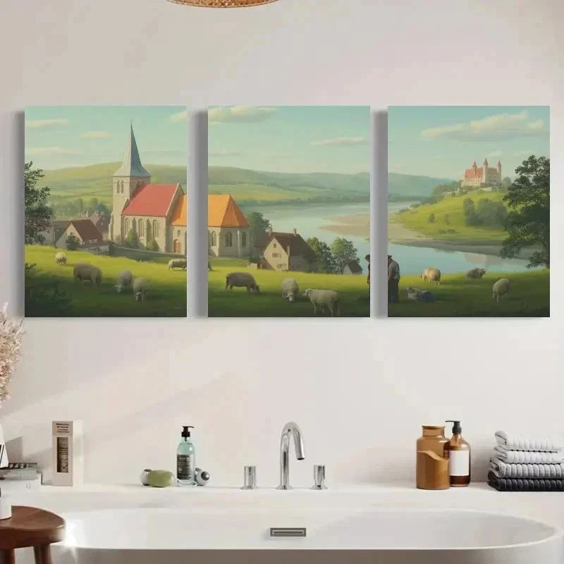 3pcs Featuring Castle, Grazing Animals  wall Art Set Canvas Framed 50x70cm - High Quality Print 100% Australian Made Wall Canvas Ready to Hang