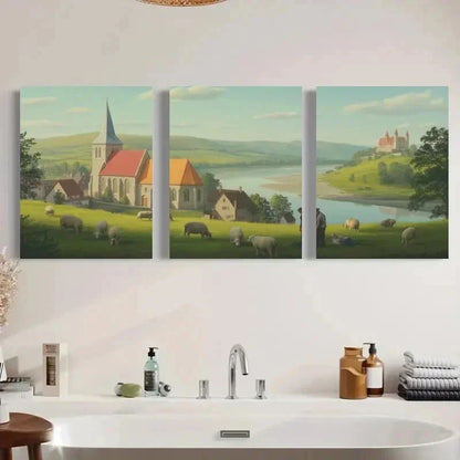 3pcs Featuring Castle, Grazing Animals  wall Art Set Canvas Framed 50x70cm - High Quality Print 100% Australian Made Wall Canvas Ready to Hang
