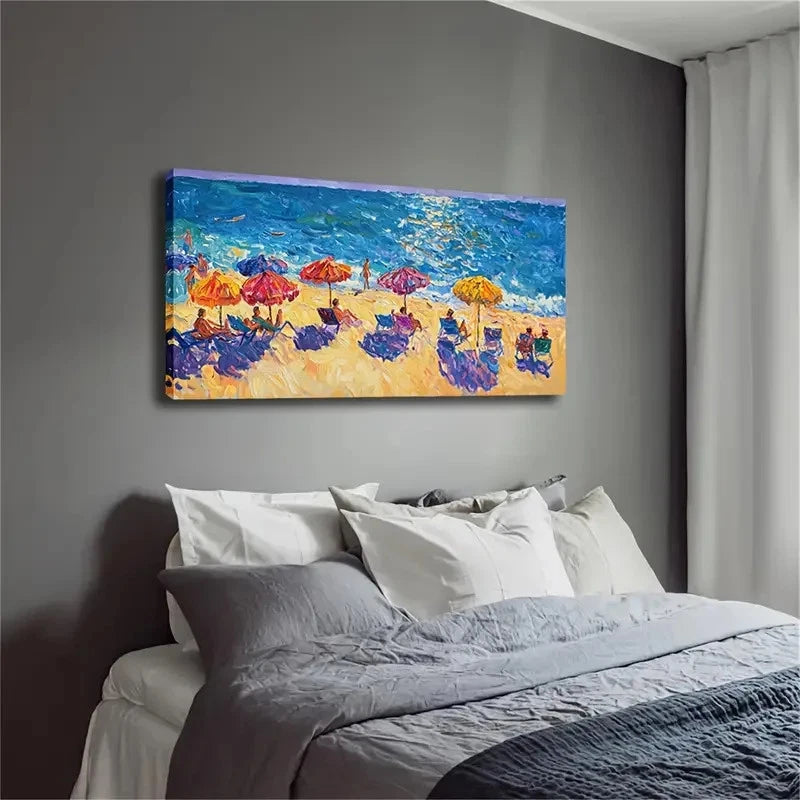 Depicting A Lively Beach Scene Wall Art Canvas Office Home Room Framed 120x60cm