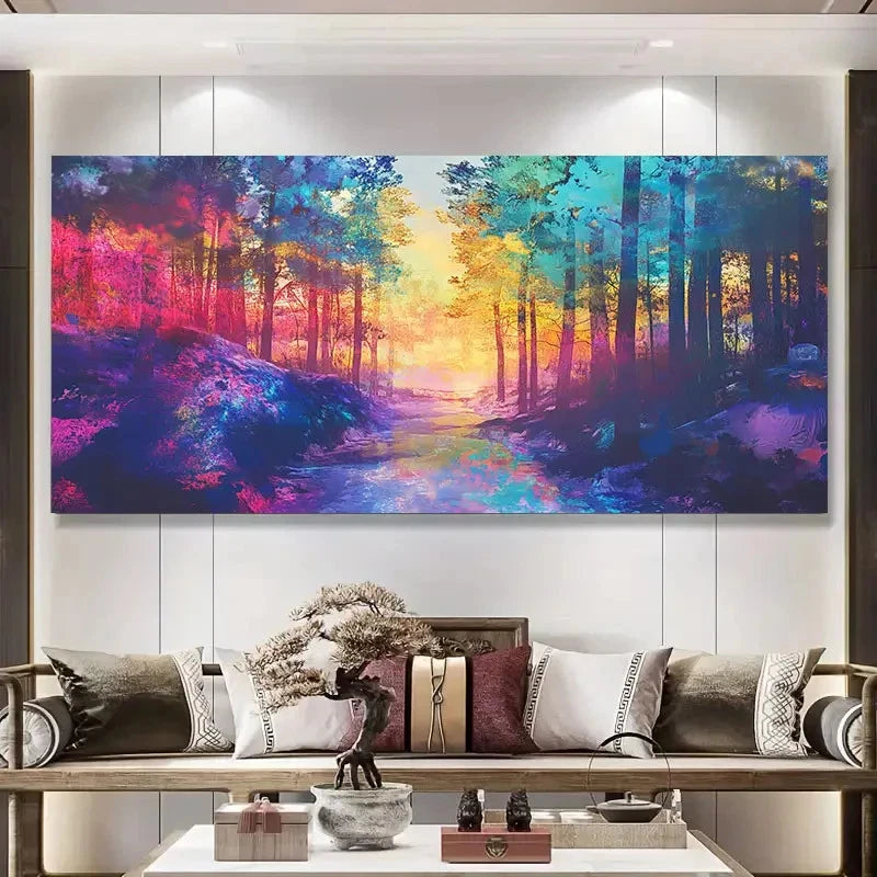 Vibrant Abstract Forest Land Wall Art Canvas Office Home Room Framed 120x60cm