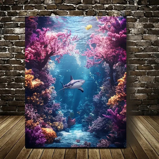 Beautiful Vibrant Underwater Shark & Coral Painting 40x60cm Metal Print Ready to Hang - Bella Home Decor