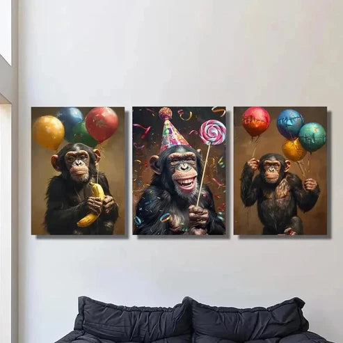 3pcs Chimpanzee with Colorful Balloons Wall Art Set Canvas Unframed - High Quality Print 100% Australian Made Wall Canvas