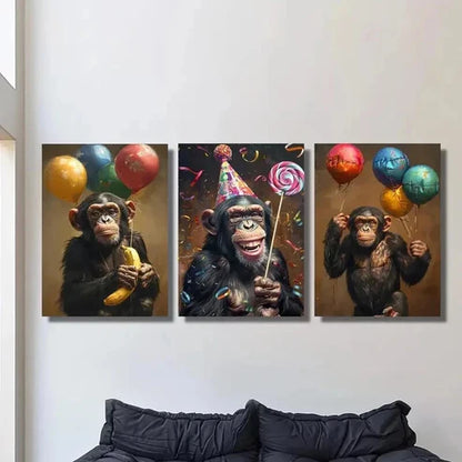 3pcs Chimpanzee with Colorful Balloons Wall Art Set Canvas Unframed - High Quality Print 100% Australian Made Wall Canvas