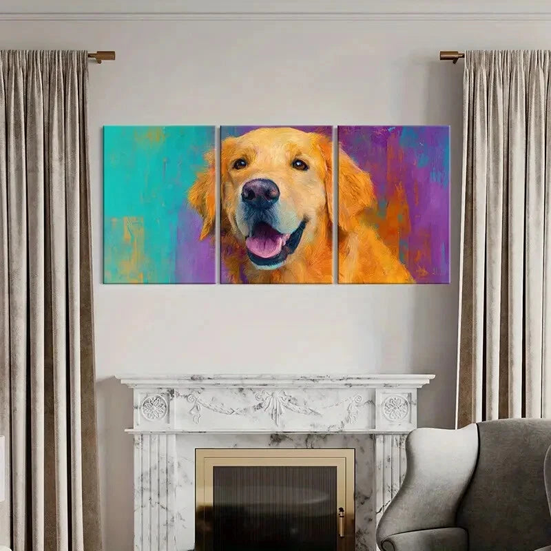 3pcs Artistic Golden Retriever Portrait Vibrant Metal Print Ready to Hang Art - Bella Home Decor
