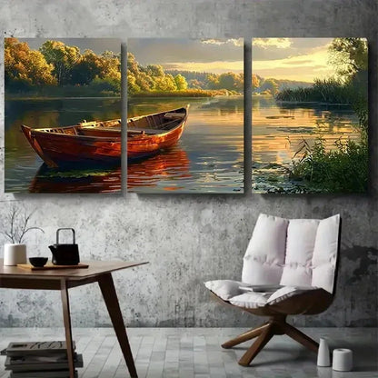 3pcs Autumn Boat on Calm River Metal Print Ready to Hang Art - Bella Home Decor