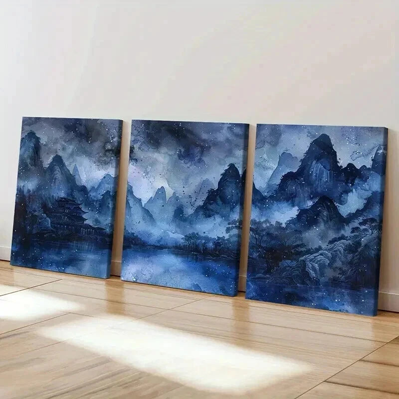 3pcs Bluish Chinese Traditional Landscape Wall Art Set Canvas Framed 50x70cm - High Quality Print 100% Australian Made Wall Canvas Ready to Hang - Bella Home Decor