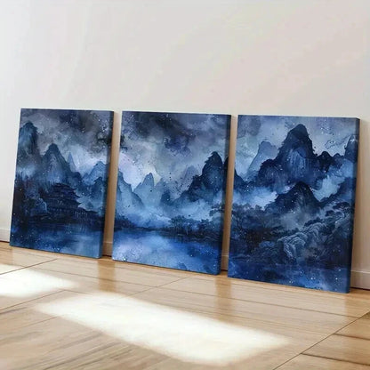 3pcs Bluish Chinese Traditional Landscape Wall Art Set Canvas Framed 50x70cm - High Quality Print 100% Australian Made Wall Canvas Ready to Hang - Bella Home Decor