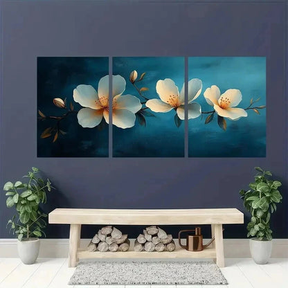 3pcs Blue Background with White Flowers Wall Art Set Canvas Framed 50x70cm - High Quality Print 100% Australian Made Wall Canvas Ready to Hang - Bella Home Decor