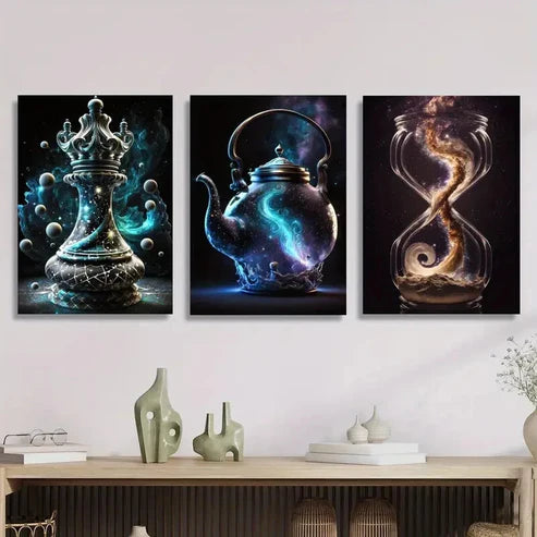 3pcs Fantasy Art, Magic Container Chess, Teapot Wall Art Set Canvas Unframed - High Quality Print 100% Australian Made Wall Canvas